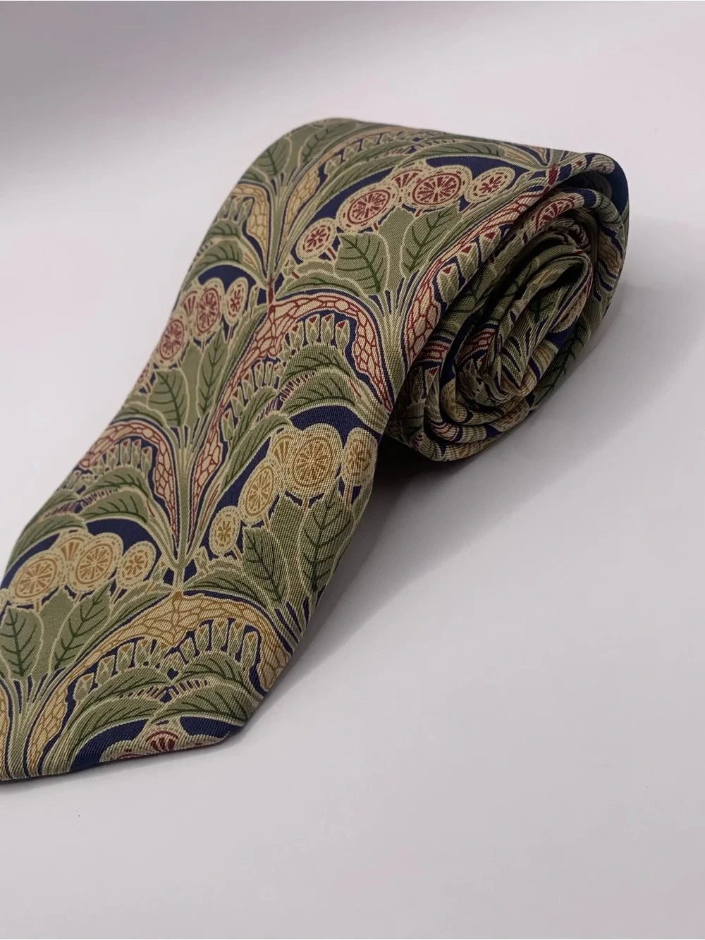 Robert Talbott Olive Green Tie with Navy, Gold & Red Botanical Motif